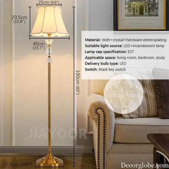Camille Retro Copper Crystal LED Floor Lamp Sofa Corner Light - Gold-H160cm
