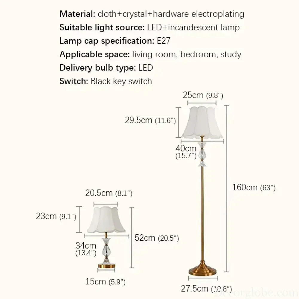 Camille Retro Copper Crystal LED Floor Lamp Sofa Corner Light - Gold-H160cm