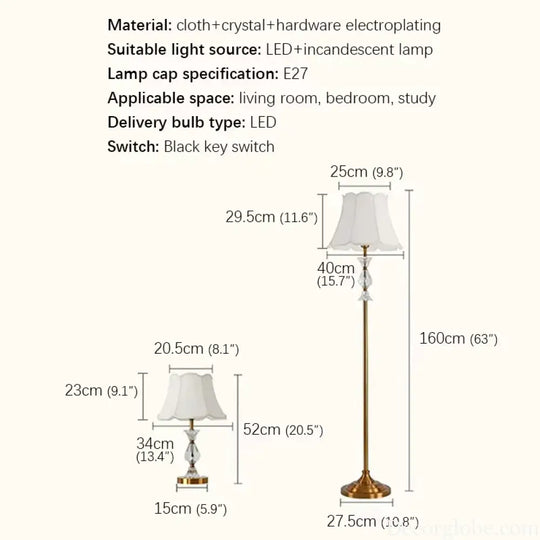 Camille Retro Copper Crystal LED Floor Lamp Sofa Corner Light - Gold-H160cm