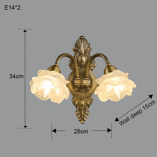 Retro Copper Wall Lamp Bedroom Bedside Medieval Style Living Room Background Flower Led Lighting - 2 flowers / China