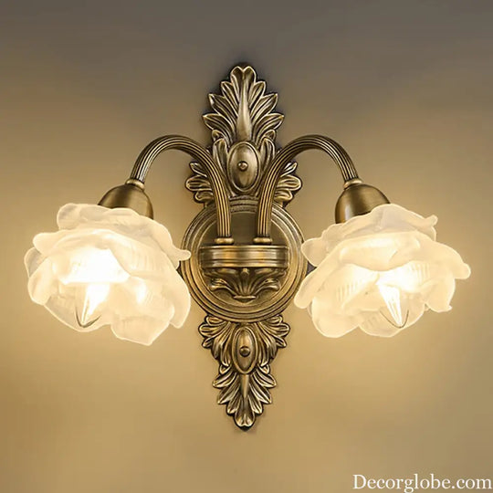 Retro Copper Wall Lamp Bedroom Bedside Medieval Style Living Room Background Flower Led Lighting