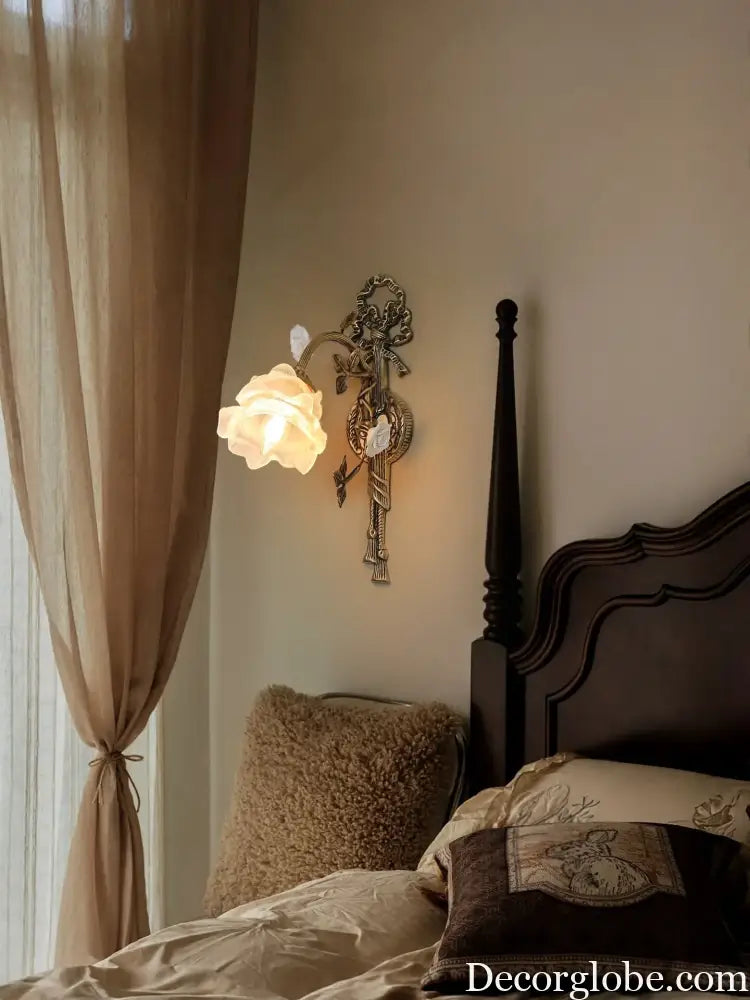 Vintage All Copper Wall Lamp Classical Luxury Flower Lamp Bedside Lamp Aisle Lamp LED Glass Lights Room Decor Lighting