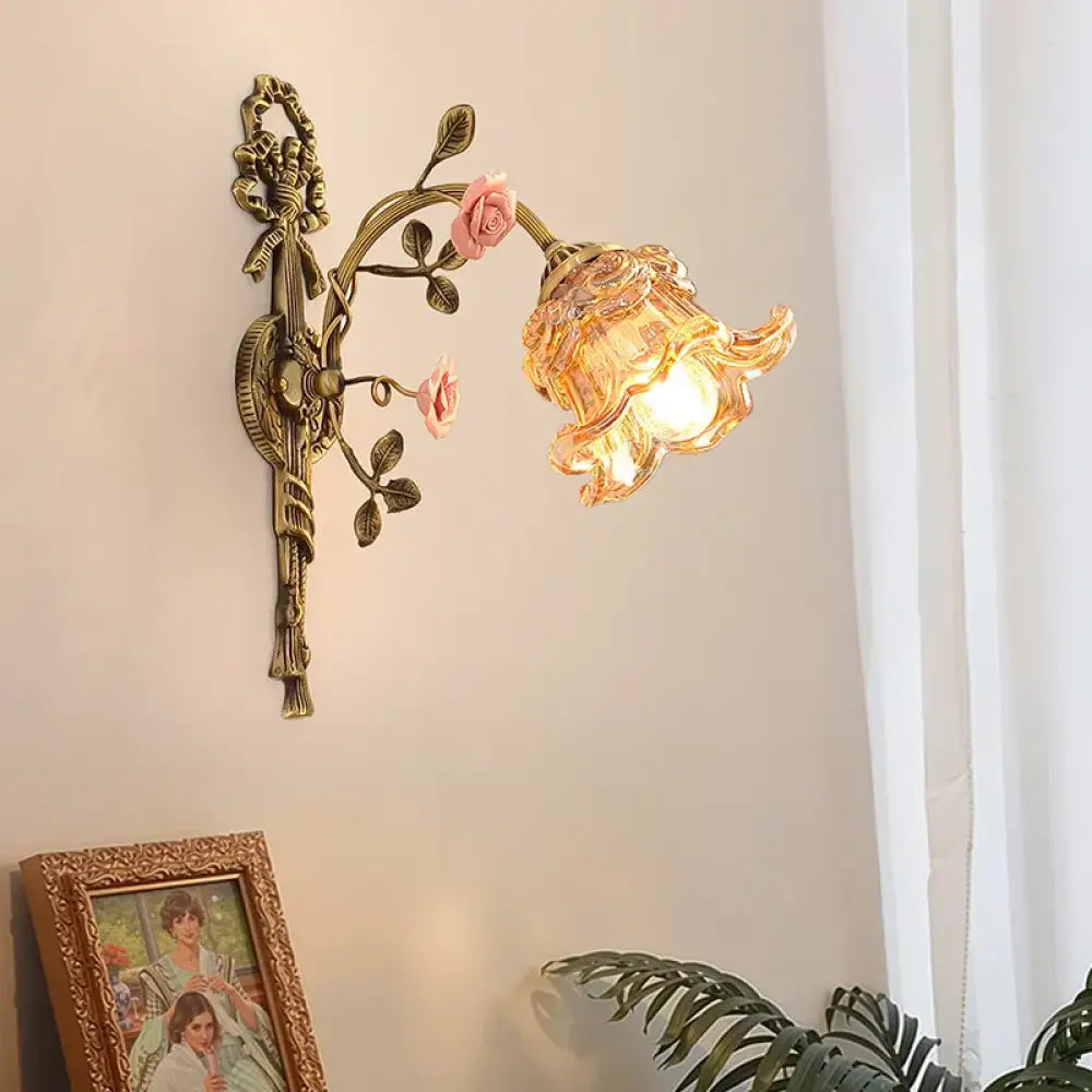 Vintage All Copper Wall Lamp Classical Luxury Flower Lamp Bedside Lamp Aisle Lamp LED Glass Lights Room Decor Lighting
