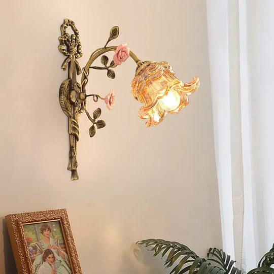 Vintage All Copper Wall Lamp Classical Luxury Flower Lamp Bedside Lamp Aisle Lamp LED Glass Lights Room Decor Lighting