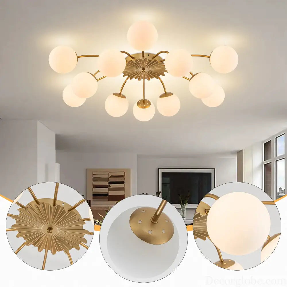 LONGREE 12-light Gold Finish Semiflush Mount Ceiling Light Milk Opal Glass Bubble Modern Ceiling Light Fixture