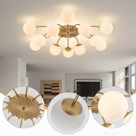 LONGREE 12-light Gold Finish Semiflush Mount Ceiling Light Milk Opal Glass Bubble Modern Ceiling Light Fixture