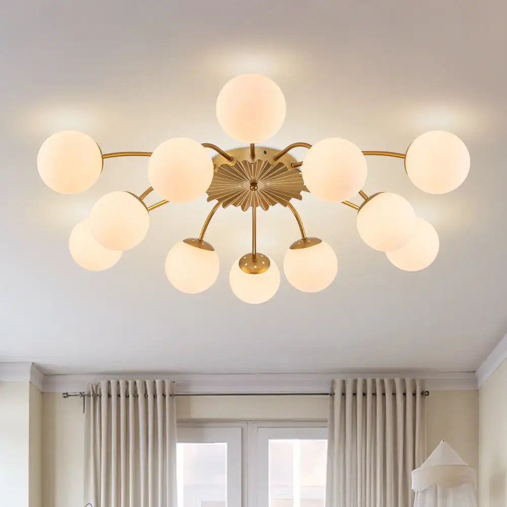 LONGREE 12-light Gold Finish Semiflush Mount Ceiling Light Milk Opal Glass Bubble Modern Ceiling Light Fixture