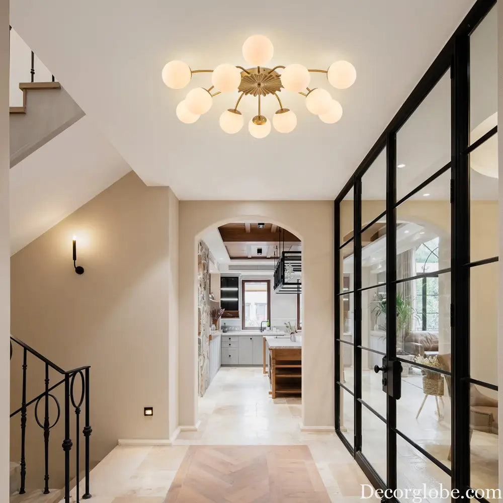 LONGREE 12-light Gold Finish Semiflush Mount Ceiling Light Milk Opal Glass Bubble Modern Ceiling Light Fixture