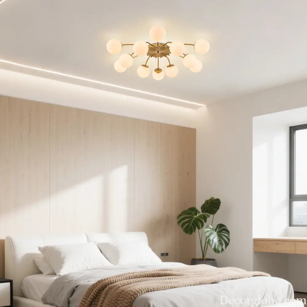 LONGREE 12-light Gold Finish Semiflush Mount Ceiling Light Milk Opal Glass Bubble Modern Ceiling Light Fixture