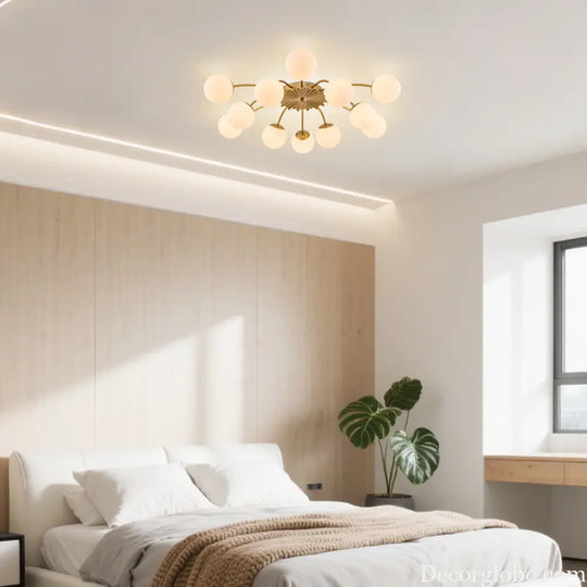 LONGREE 12-light Gold Finish Semiflush Mount Ceiling Light Milk Opal Glass Bubble Modern Ceiling Light Fixture