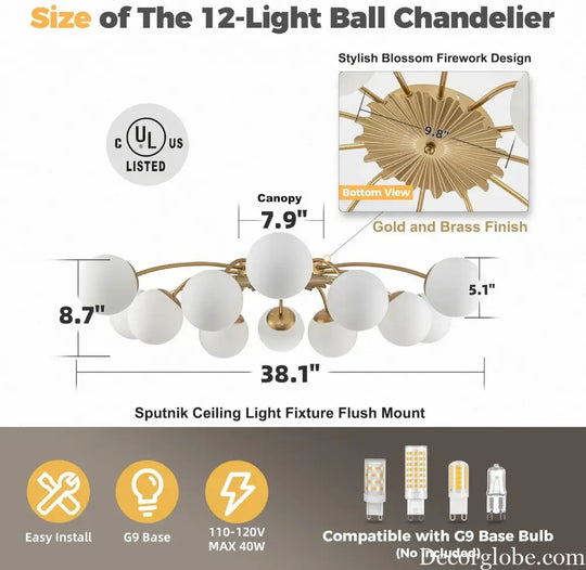 LONGREE 12-light Gold Finish Semiflush Mount Ceiling Light Milk Opal Glass Bubble Modern Ceiling Light Fixture