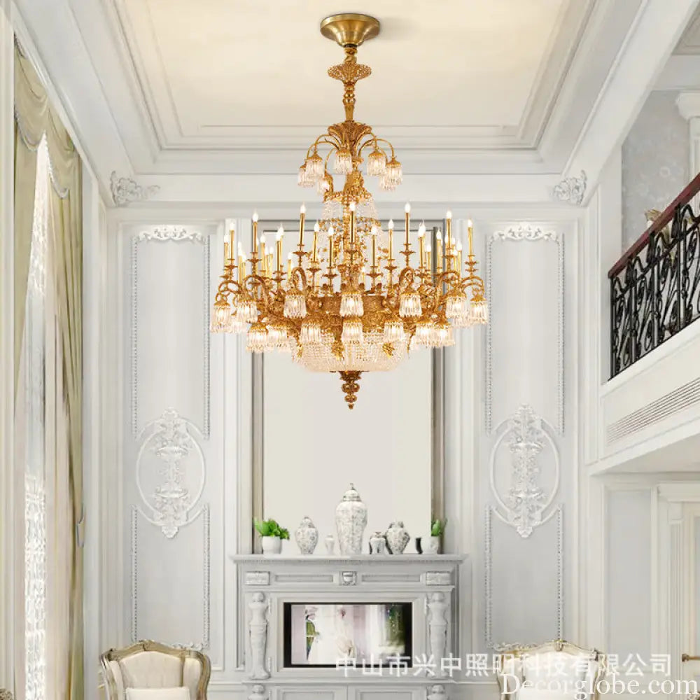 European-style copper Villa Hall chandelier French luxury elegant duplex building high retro living room candle crystal