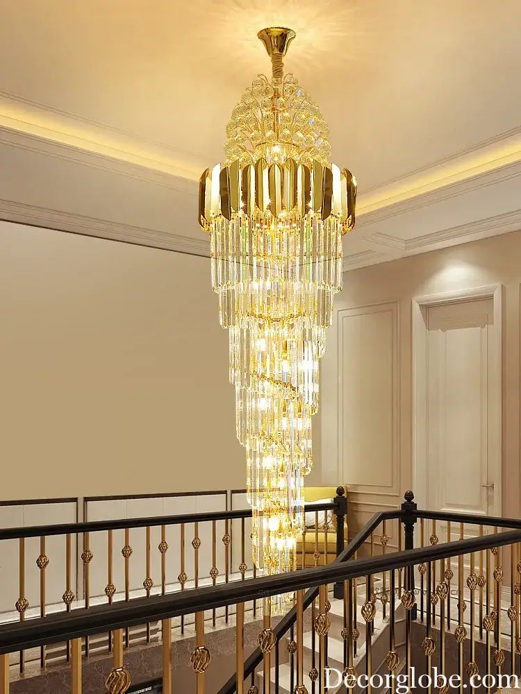 Luxurious Interior Hall Stairwell Golden Chandelier - Modern Elegance with Clean Crystal Ball Accents and LED Lighting - DecorGlobe