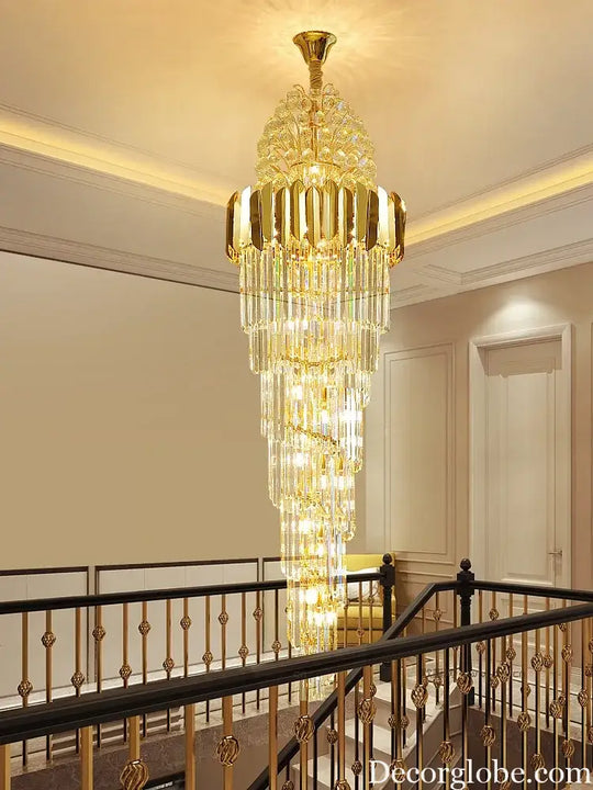 Luxurious Interior Hall Stairwell Golden Chandelier - Modern Elegance with Clean Crystal Ball Accents and LED Lighting - DecorGlobe