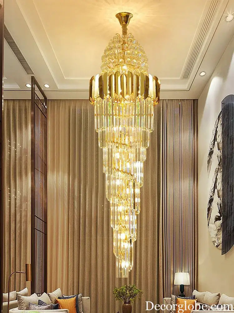 Luxurious Interior Hall Stairwell Golden Chandelier - Modern Elegance with Clean Crystal Ball Accents and LED Lighting - DecorGlobe