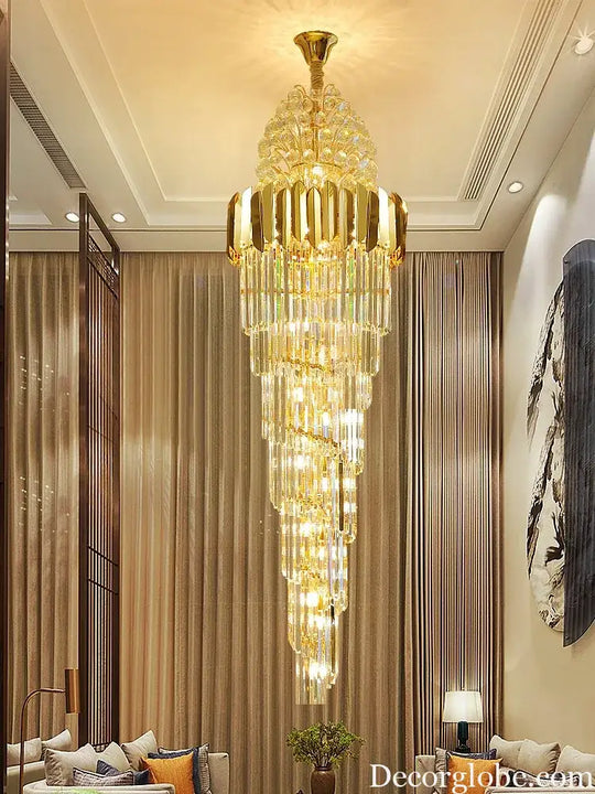 Luxurious Interior Hall Stairwell Golden Chandelier - Modern Elegance with Clean Crystal Ball Accents and LED Lighting - DecorGlobe