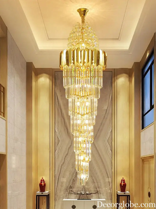 Luxurious Interior Hall Stairwell Golden Chandelier - Modern Elegance with Clean Crystal Ball Accents and LED Lighting - DecorGlobe