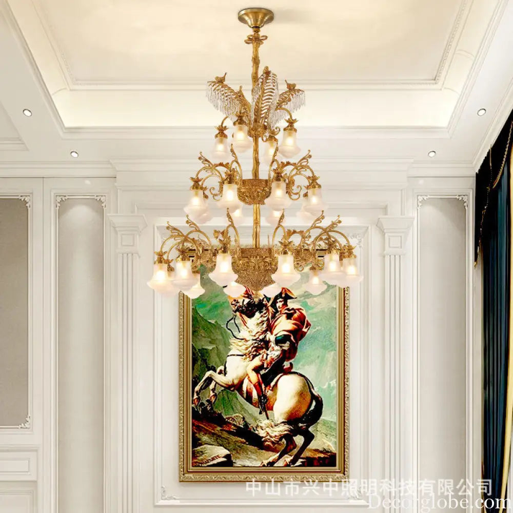 European-style copper Villa duplex building chandelier luxury French dewaxing copper lamp hotel engineering crystal