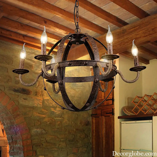 Metal Chandelier Lamp - Country Style 6-Light Pendant Lighting for Dining Room in Rust Rust