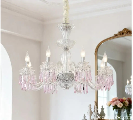 Romantic Crysatl Candle Chandelier Luxury Glass Pink Decora E14 Pendant Lights D68cm H52cm Art Decor Led Lamparas