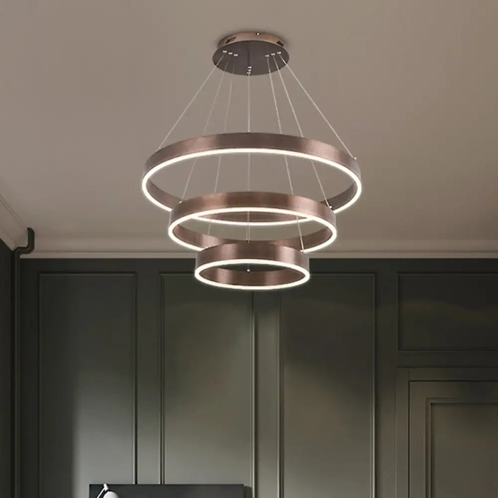 Minimalist Metal LED Chandelier: Circular Living Room Pendant Light (3 Heads) in Coffee/Gold Coffee