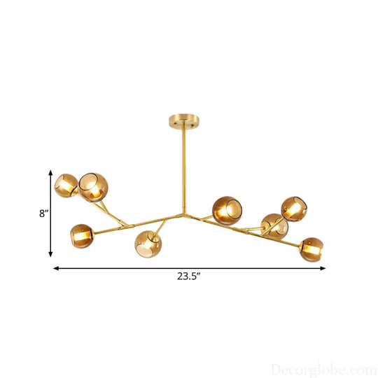 Modern 8-Bulb Brass Chandelier Ceiling Light with Amber Glass Shades Brass