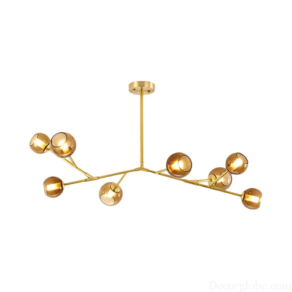 Modern 8-Bulb Brass Chandelier Ceiling Light with Amber Glass Shades Brass
