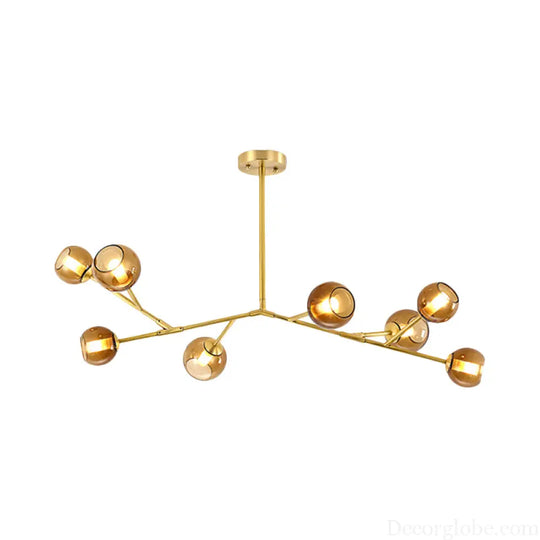 Modern 8-Bulb Brass Chandelier Ceiling Light with Amber Glass Shades Brass