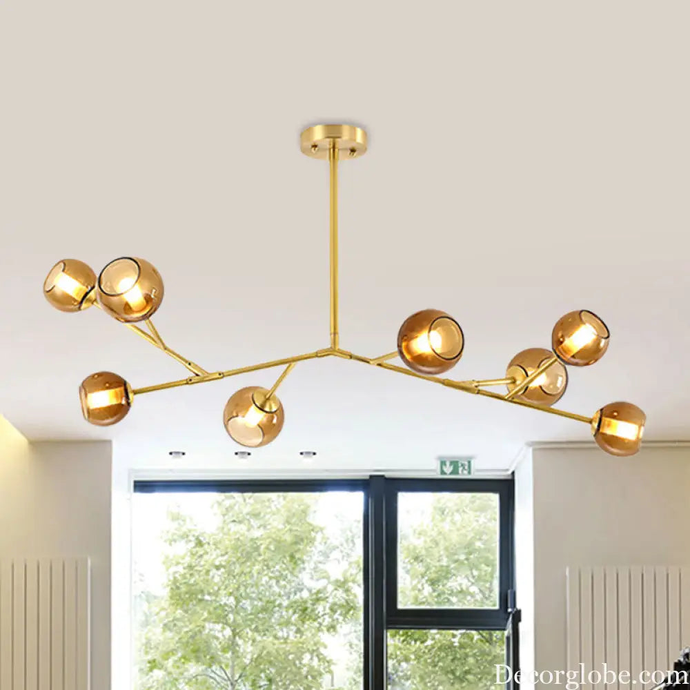 Modern 8-Bulb Brass Chandelier Ceiling Light with Amber Glass Shades Brass