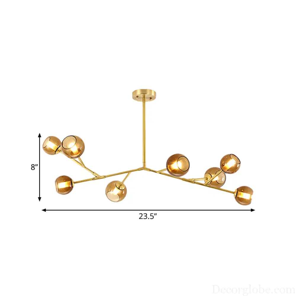 Modern 8-Bulb Brass Chandelier Ceiling Light with Amber Glass Shades Brass