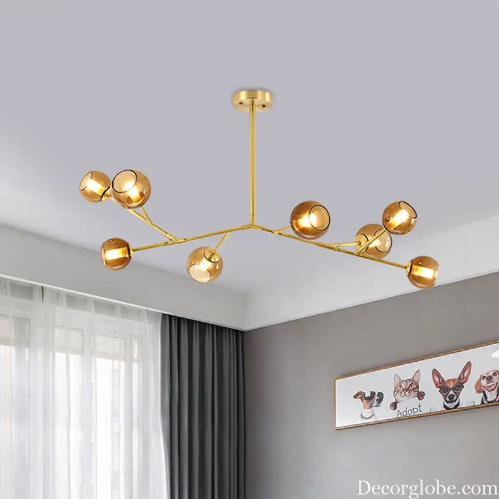 Modern 8-Bulb Brass Chandelier Ceiling Light with Amber Glass Shades Brass