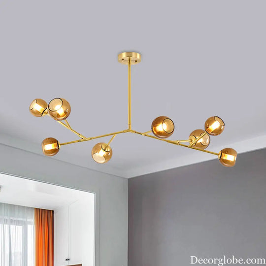 Modern 8-Bulb Brass Chandelier Ceiling Light with Amber Glass Shades Brass