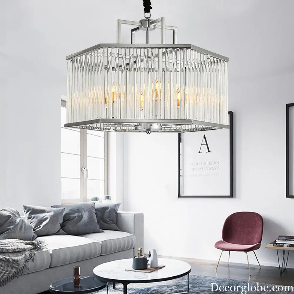 Hexagon Chrome Pendant Chandelier with Crystal - Modern Metal Hanging Lamp for Living Room Chrome
