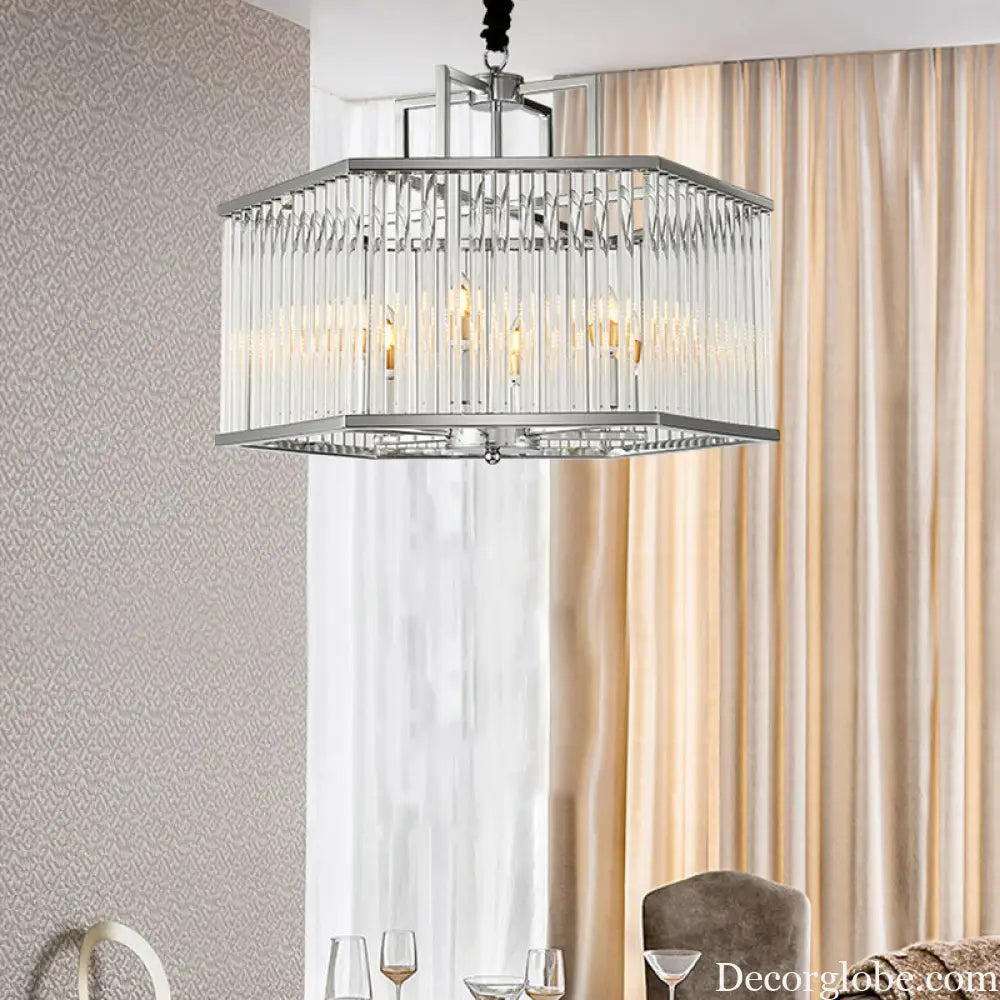 Hexagon Chrome Pendant Chandelier with Crystal - Modern Metal Hanging Lamp for Living Room Chrome