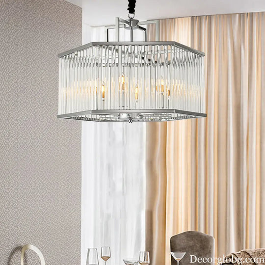 Hexagon Chrome Pendant Chandelier with Crystal - Modern Metal Hanging Lamp for Living Room Chrome