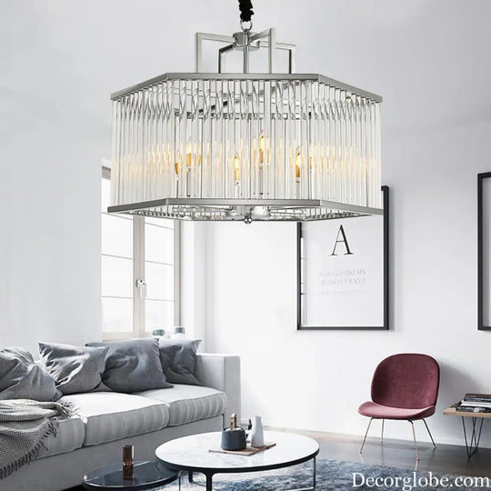 Hexagon Chrome Pendant Chandelier with Crystal - Modern Metal Hanging Lamp for Living Room Chrome