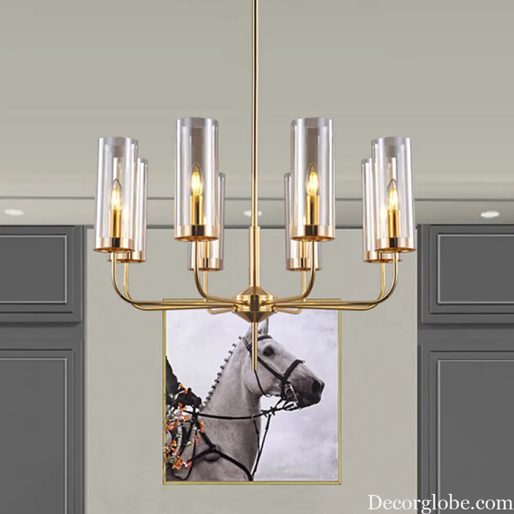 Cognac Glass Cylinder Chandelier: Modern 8 Bulb Pendant Ceiling Light for Dining Room Cognac
