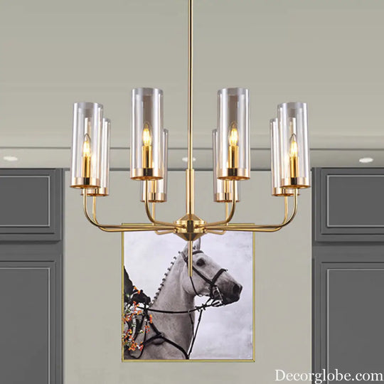 Cognac Glass Cylinder Chandelier: Modern 8 Bulb Pendant Ceiling Light for Dining Room Cognac