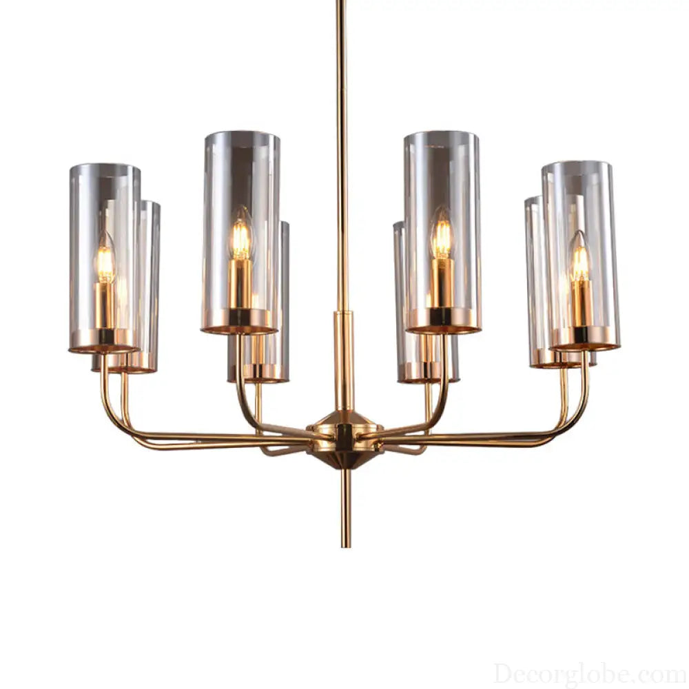 Cognac Glass Cylinder Chandelier: Modern 8 Bulb Pendant Ceiling Light for Dining Room Cognac