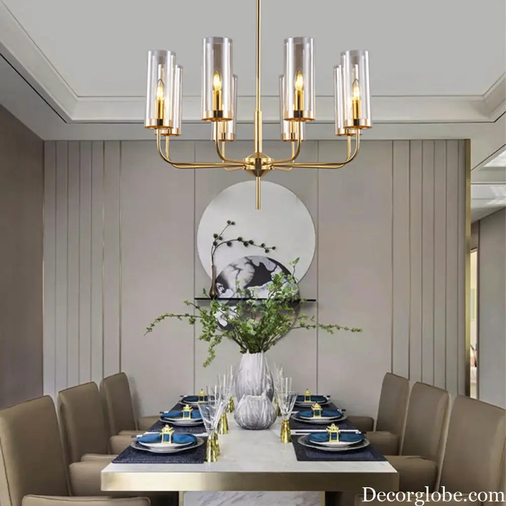 Cognac Glass Cylinder Chandelier: Modern 8 Bulb Pendant Ceiling Light for Dining Room Cognac