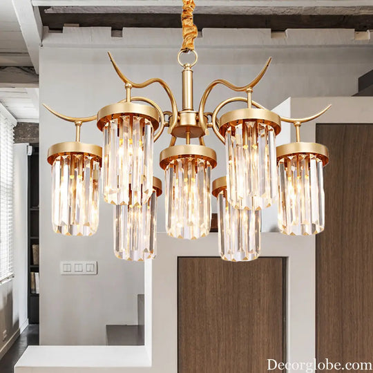 Modern Crystal Cylindrical Chandelier Light with Brass Finish - 7/9-Head Hanging Ceiling Light