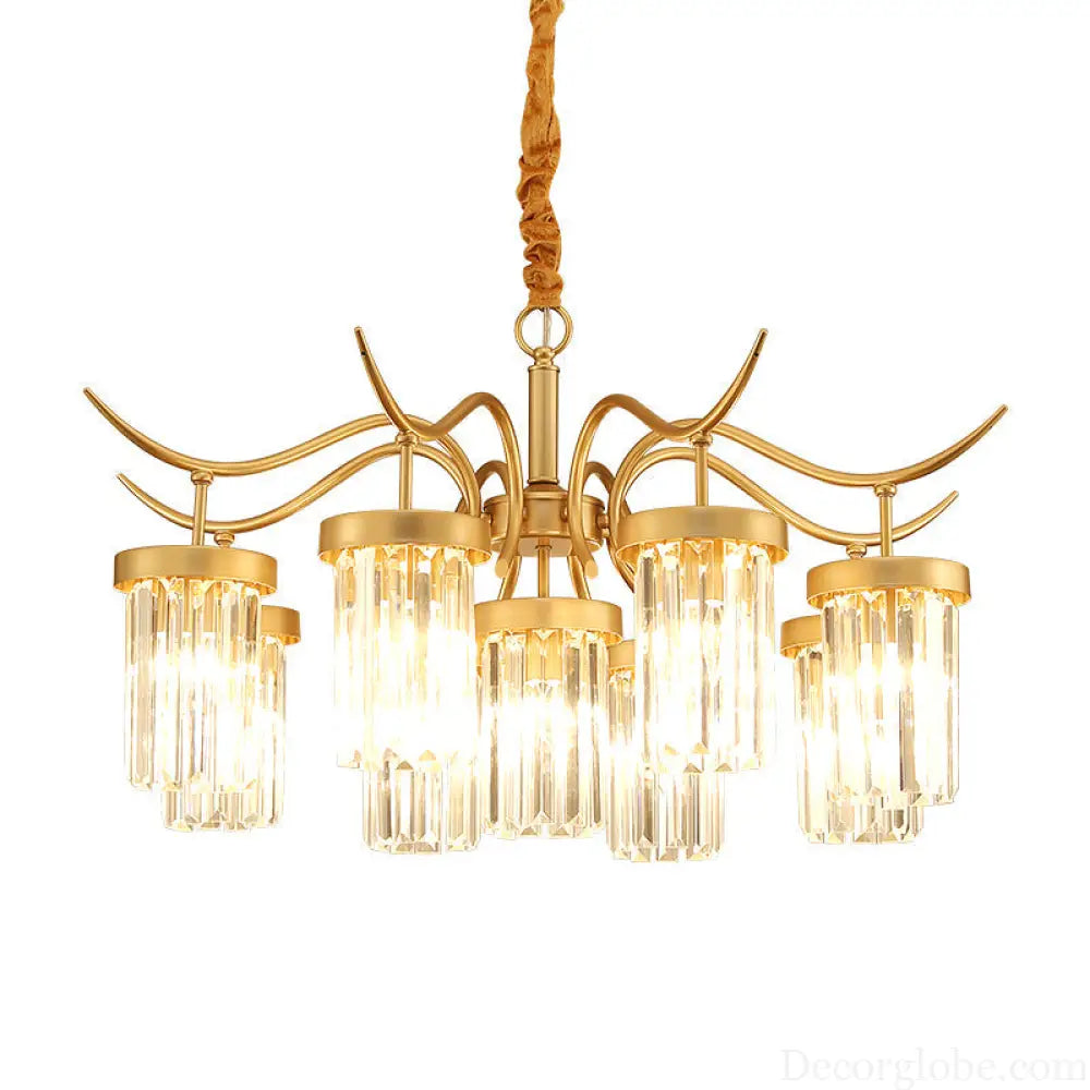 Modern Crystal Cylindrical Chandelier Light with Brass Finish - 7/9-Head Hanging Ceiling Light