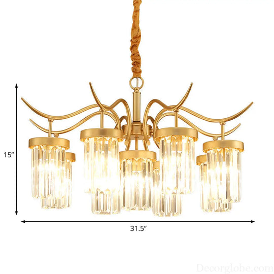 Modern Crystal Cylindrical Chandelier Light with Brass Finish - 7/9-Head Hanging Ceiling Light