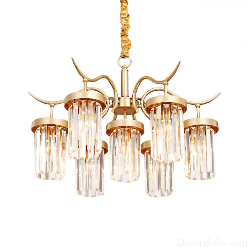 Modern Crystal Cylindrical Chandelier Light with Brass Finish - 7/9-Head Hanging Ceiling Light