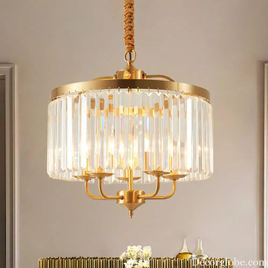 Modern Crystal Cylinder Chandelier Pendant Light - 4 Heads Brass Finish Curved Metal Arm Brass