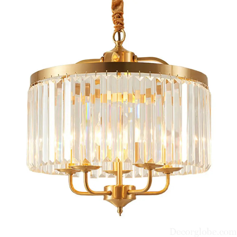 Modern Crystal Cylinder Chandelier Pendant Light - 4 Heads Brass Finish Curved Metal Arm Brass