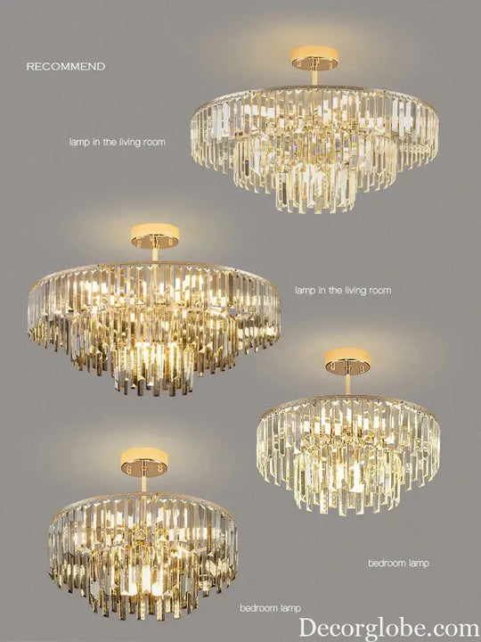 Elegant Modern Crystal Gold Chandelier - Round Smoked Gray Crystal Design - Perfect for Luxury Living Rooms and Bedrooms - DecorGlobe