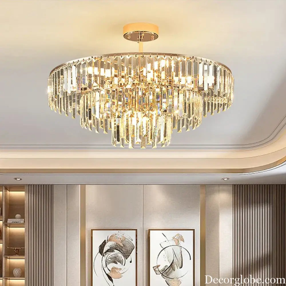 Elegant Modern Crystal Gold Chandelier - Round Smoked Gray Crystal Design - Perfect for Luxury Living Rooms and Bedrooms - DecorGlobe
