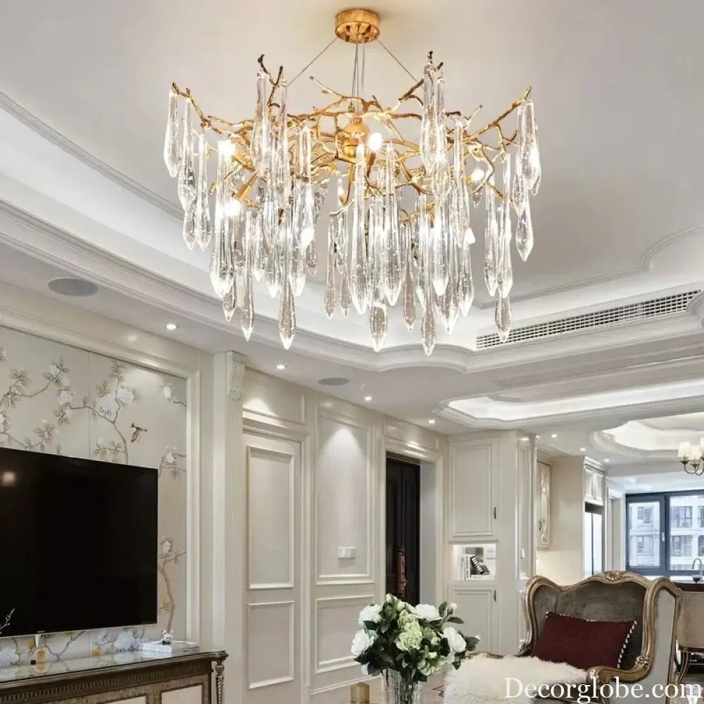 Modern Crystal Chandeliers - Luxury Living and Dining Room Lighting with Bar Design, Featuring Branch Pendant Lights and Crystal Water Drop Accents - DecorGlobe