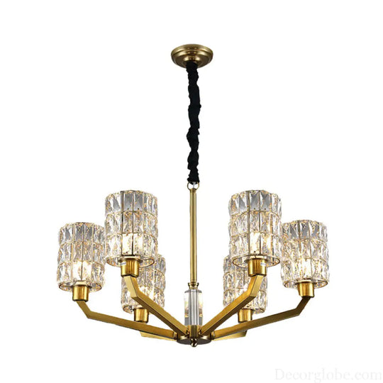 Gold Pendant Chandelier with Crystal Cylinder Shade - Modern Bedroom Lighting Fixture (6 Heads) Gold